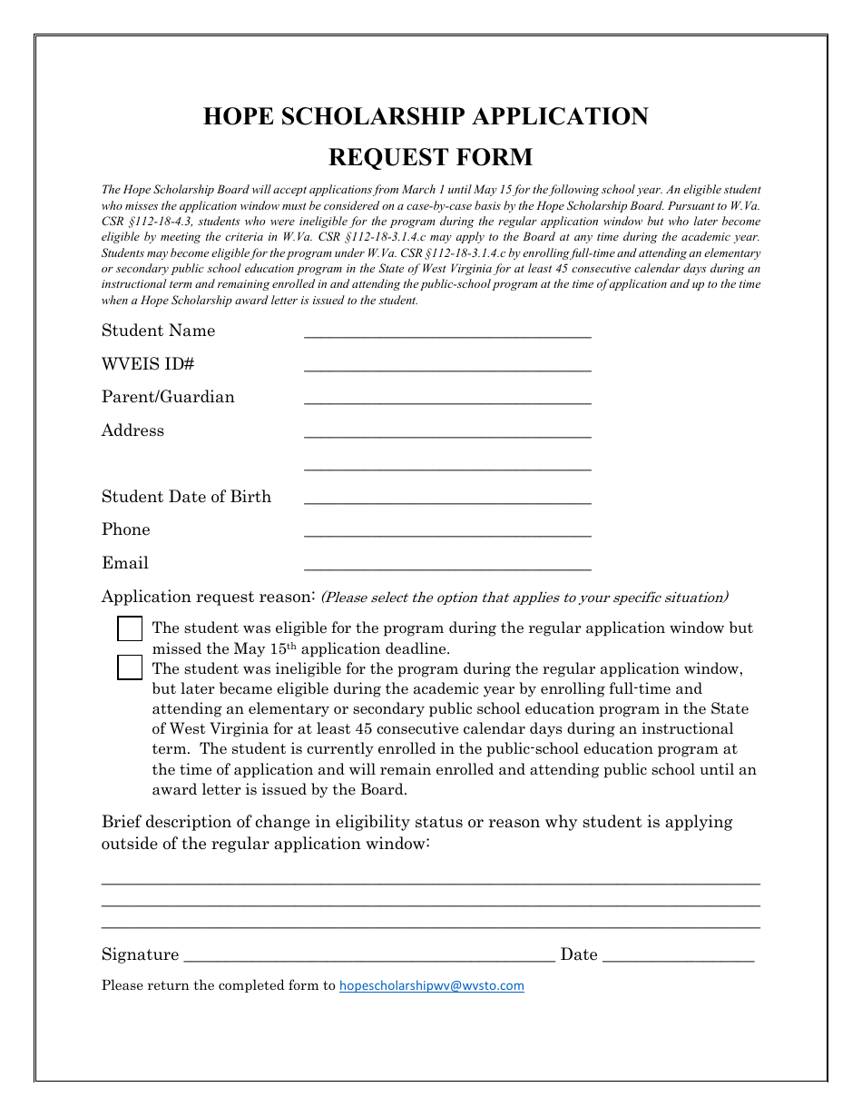 Hope Scholarship Application Request Form - West Virginia, Page 1