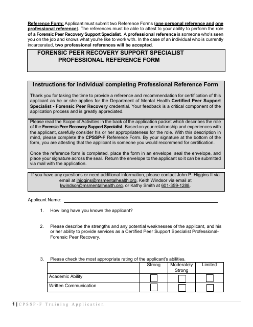 Forensic Peer Recovery Support Specialist Reference Form - Mississippi Download Pdf