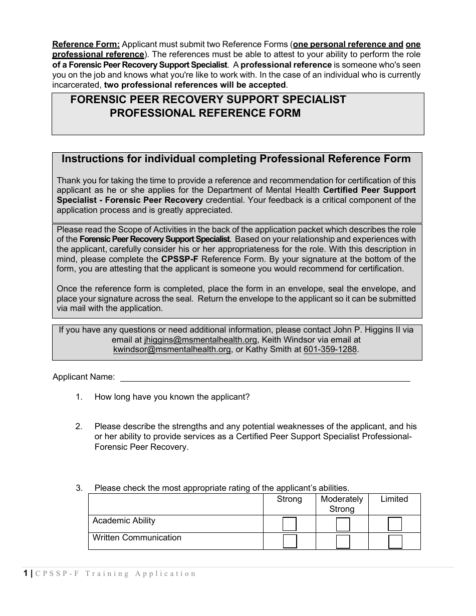 Forensic Peer Recovery Support Specialist Reference Form - Mississippi, Page 1