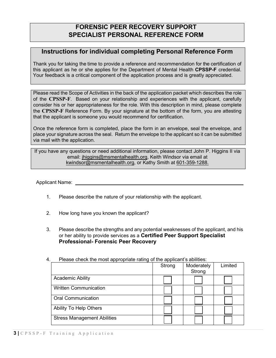 Forensic Peer Recovery Support Specialist Reference Form - Mississippi, Page 3