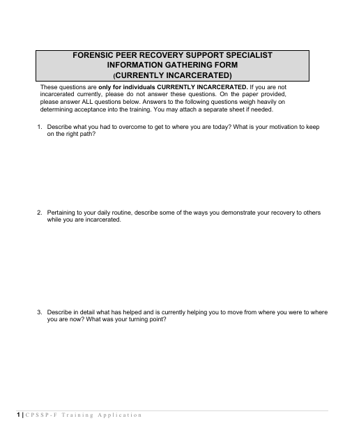 Forensic Peer Recovery Support Specialist Information Gathering Form (Currently Incarcerated) - Mississippi Download Pdf