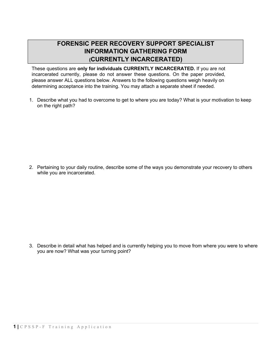 Forensic Peer Recovery Support Specialist Information Gathering Form (Currently Incarcerated) - Mississippi, Page 1