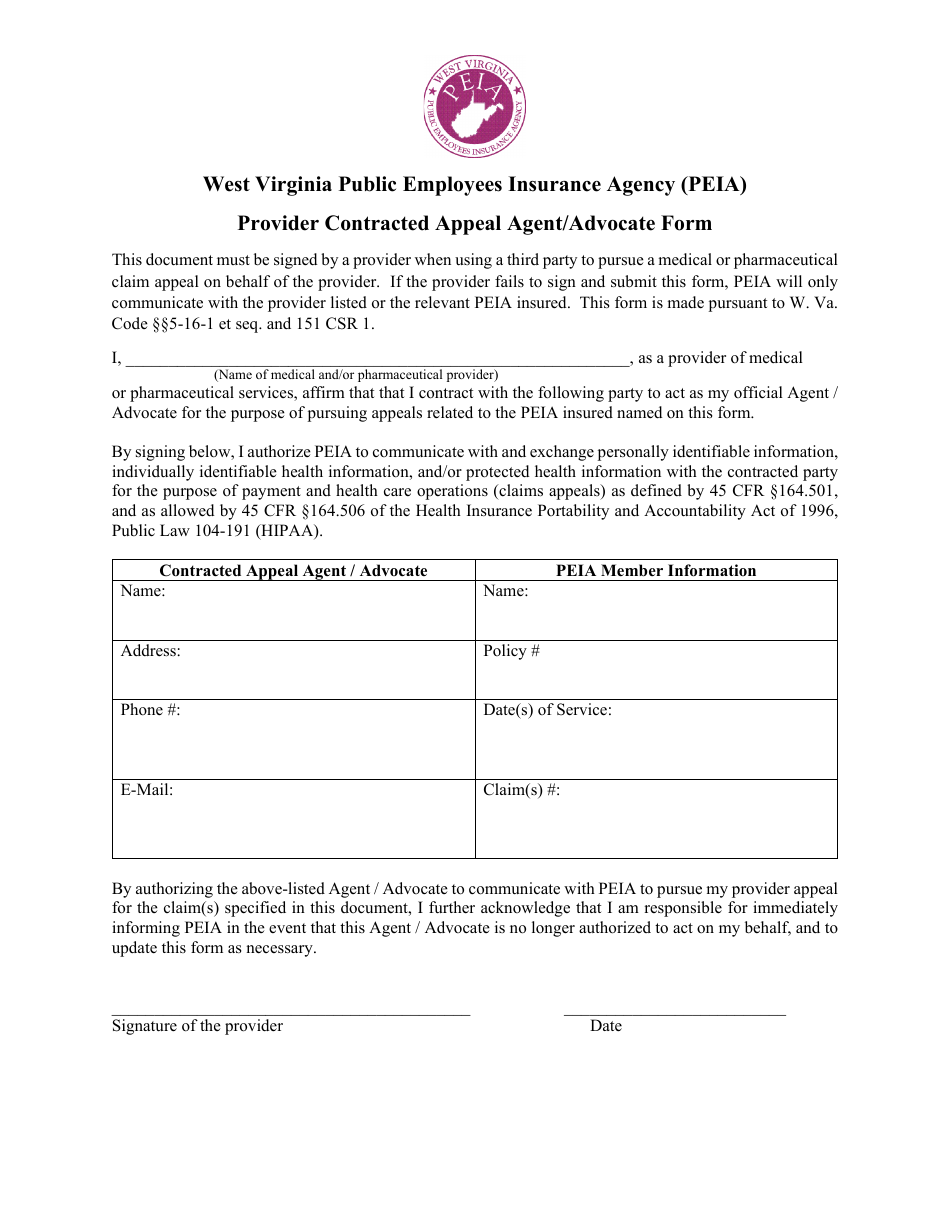 Provider Contracted Appeal Agent / Advocate Form - West Virginia, Page 1