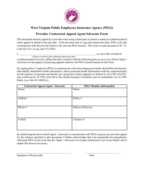 Provider Contracted Appeal Agent / Advocate Form - West Virginia Download Pdf