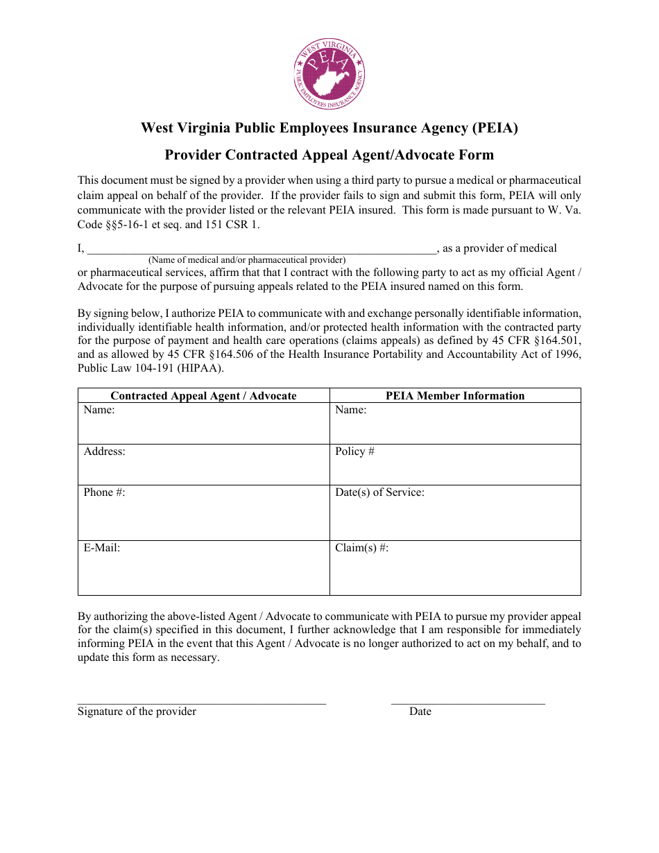 West Virginia Provider Contracted Appeal Agent/Advocate Form Fill Out