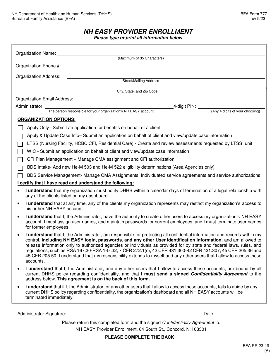 BFA Form 777 Download Printable PDF or Fill Online Nh Easy Provider ...