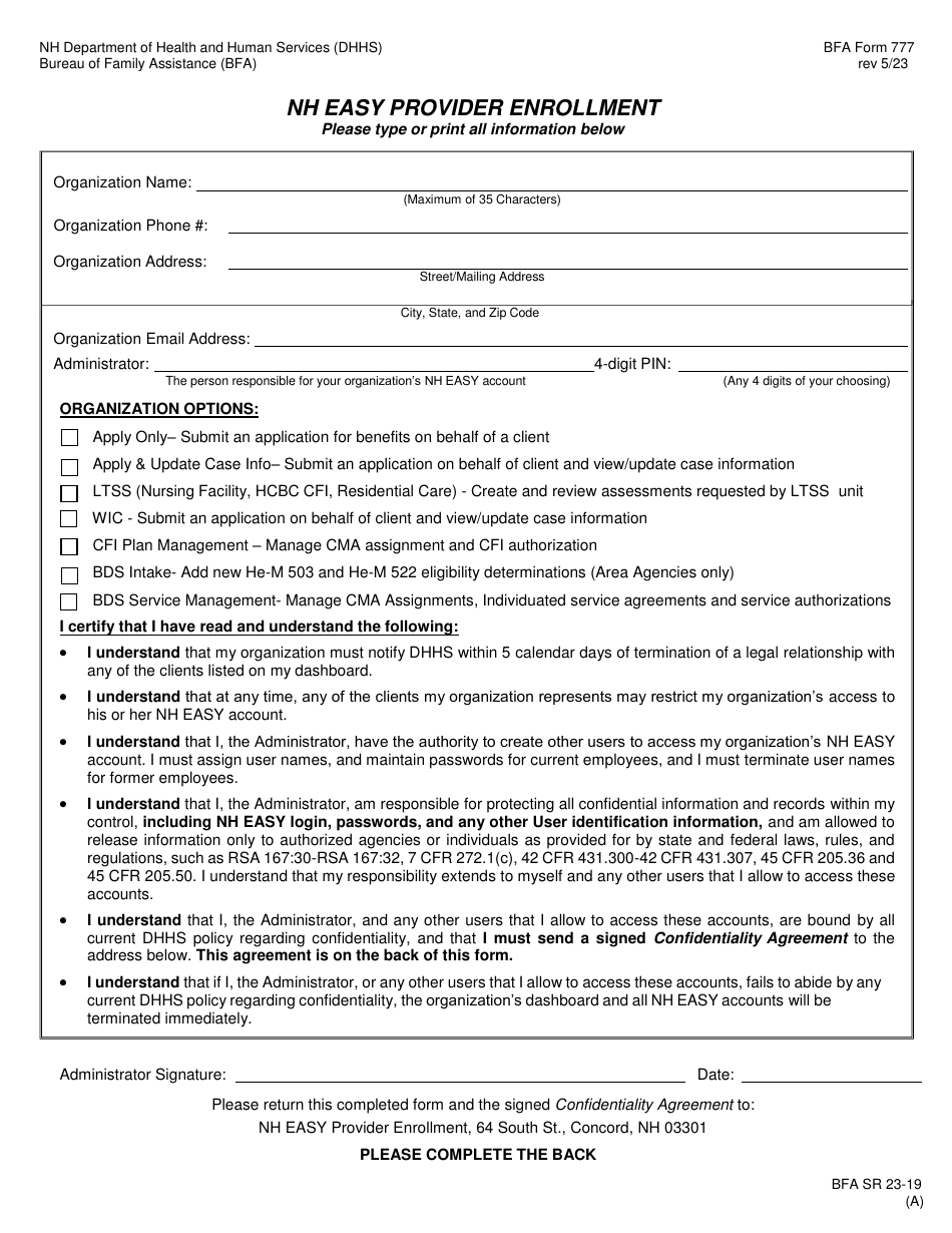 BFA Form 777 Nh Easy Provider Enrollment - New Hampshire, Page 1