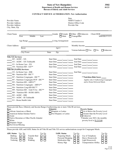 Form 3502 Contract Service Authorization - New Authorization - New Hampshire