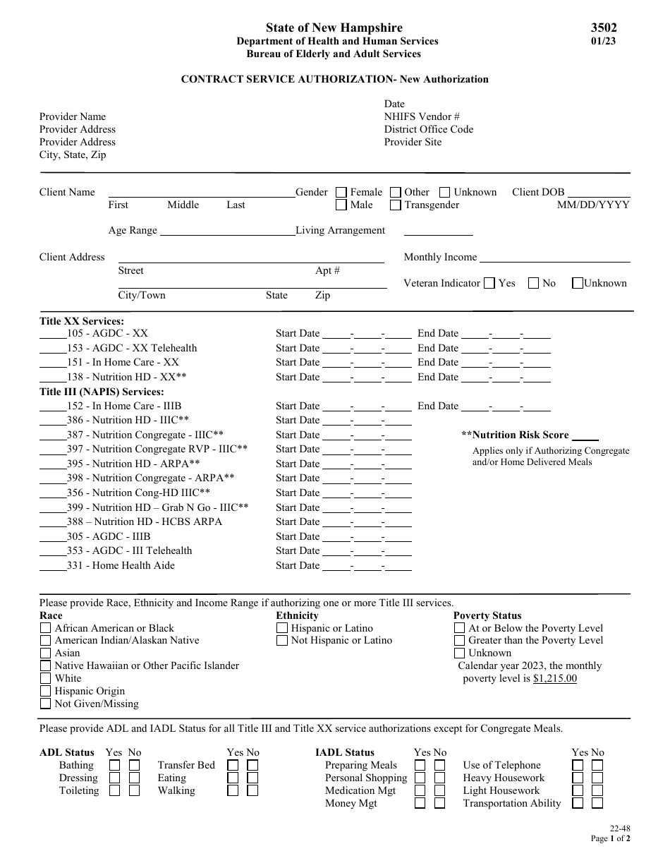 Form 3502 Contract Service Authorization - New Authorization - New Hampshire, Page 1