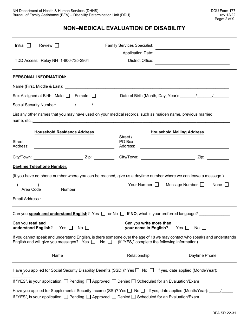 DDU Form 177 Non-medical Evaluation of Disability - New Hampshire, Page 2