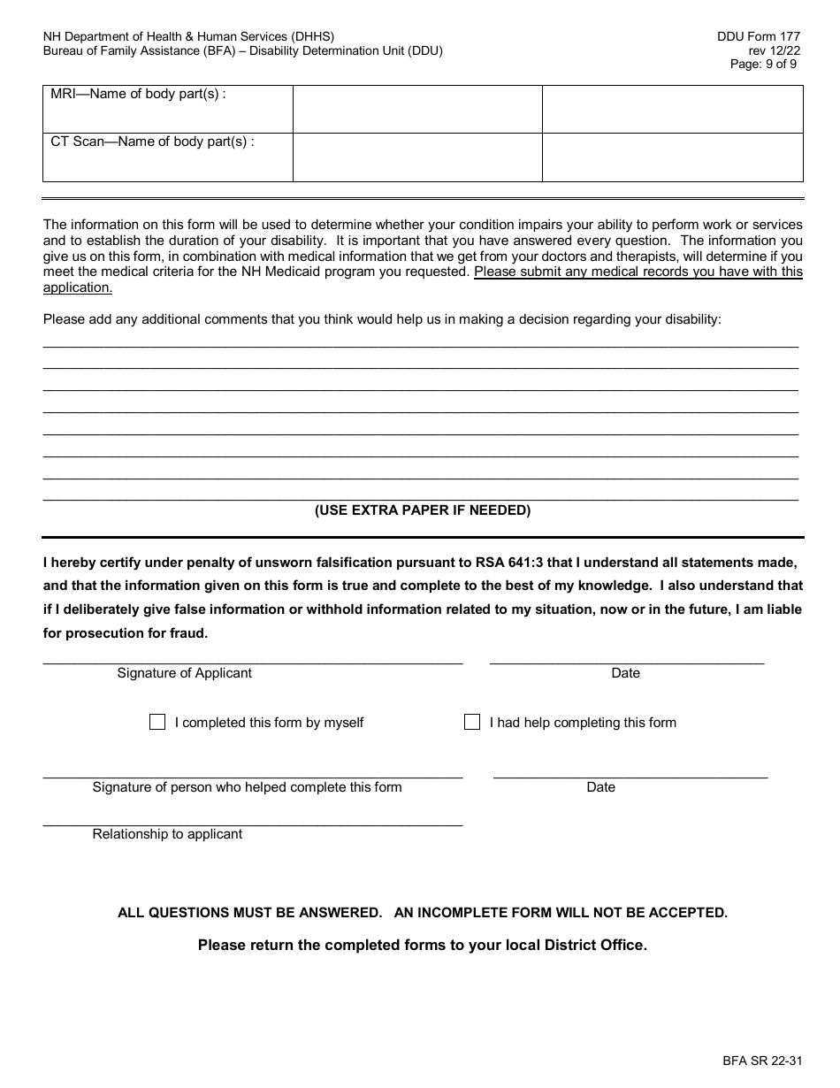 DDU Form 177 Non-medical Evaluation of Disability - New Hampshire, Page 9