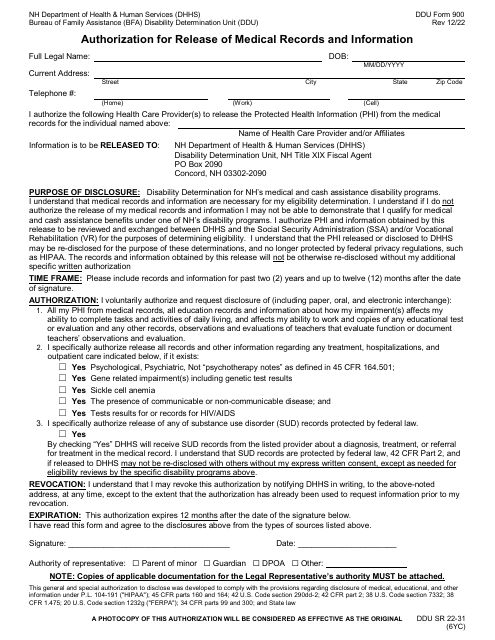 DDU Form 900 Authorization for Release of Medical Records and Information - New Hampshire