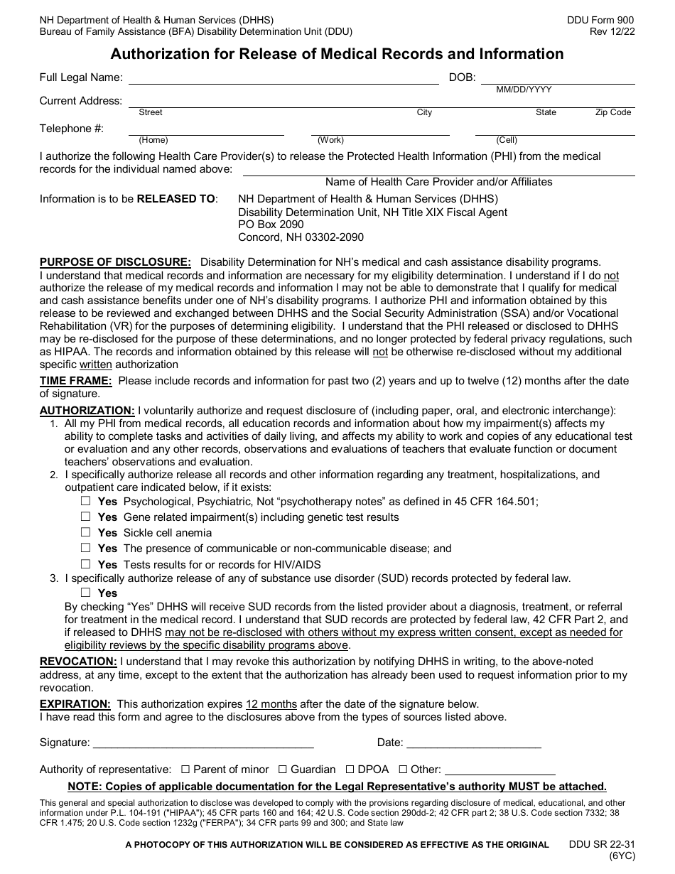 DDU Form 900 Authorization for Release of Medical Records and Information - New Hampshire, Page 1