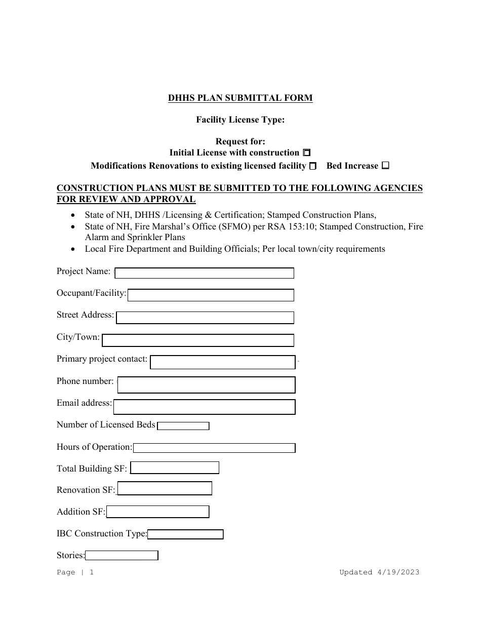 Dhhs Plan Submittal Form - New Hampshire, Page 1