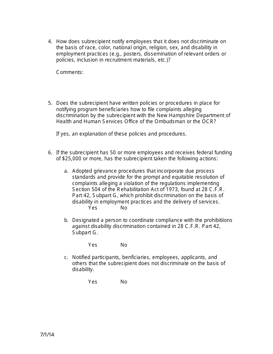Federal Civil Rights Compliance Monitoring Checklist - New Hampshire, Page 2