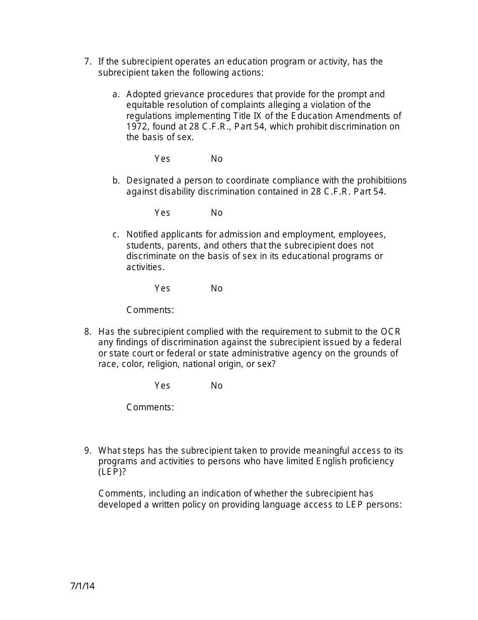 Federal Civil Rights Compliance Monitoring Checklist - New Hampshire, Page 3
