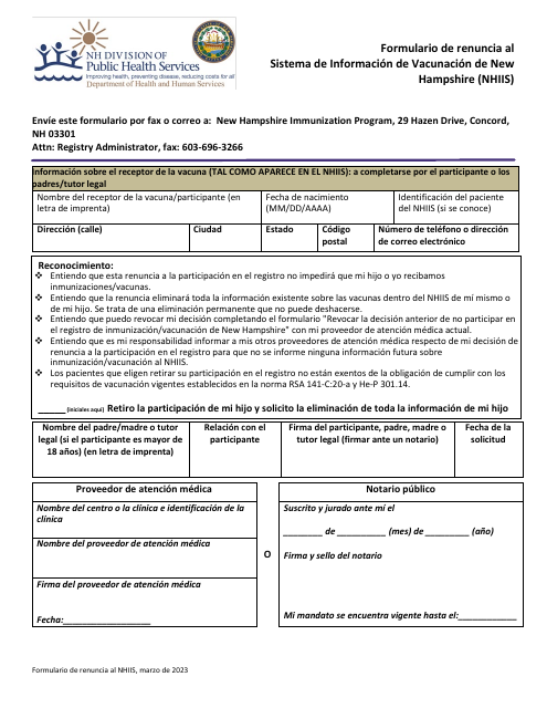 Formulario De Renuncia Al Sistema De Informacion De Vacunacion De New Hampshire (Nhiis) - New Hampshire (Spanish)