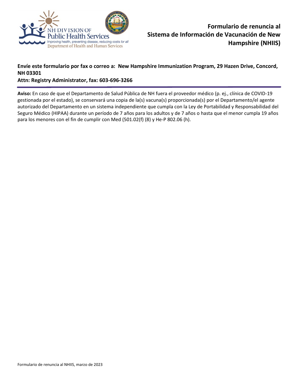 Formulario De Renuncia Al Sistema De Informacion De Vacunacion De New Hampshire (Nhiis) - New Hampshire (Spanish), Page 2