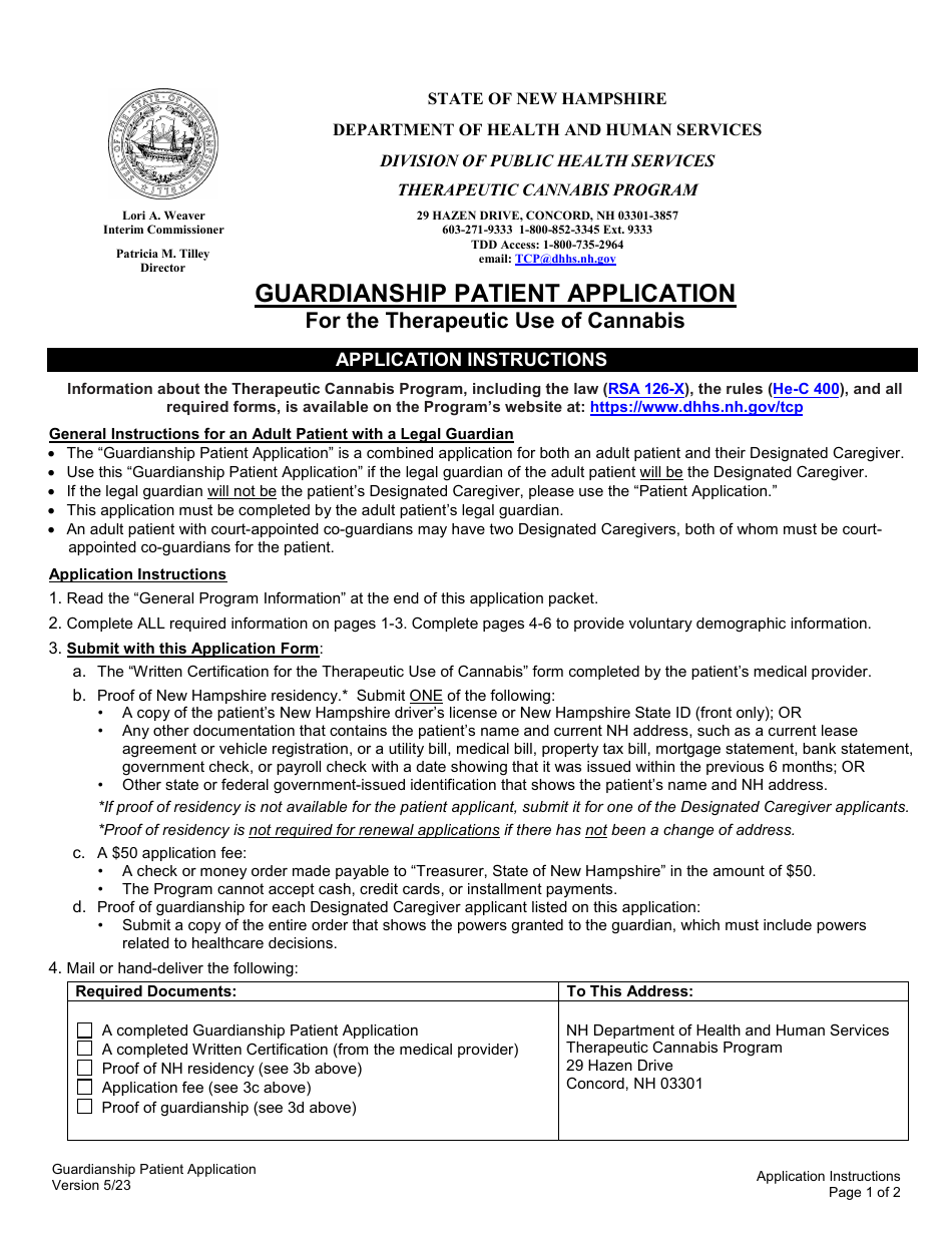 Guardianship Patient Application for the Therapeutic Use of Cannabis - New Hampshire, Page 1