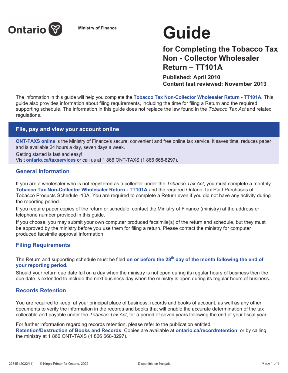 Form 2274E Guide for Completing the Tobacco Tax Non-collector Wholesaler Return - Tt101a - Ontario, Canada, Page 1