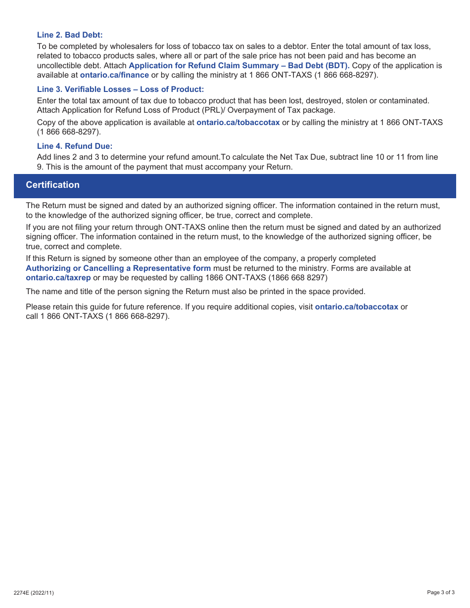 Form 2274E Guide for Completing the Tobacco Tax Non-collector Wholesaler Return - Tt101a - Ontario, Canada, Page 3