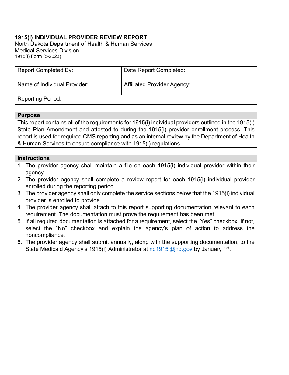 Form 1915(I) Individual Provider Review Report - North Dakota, Page 1