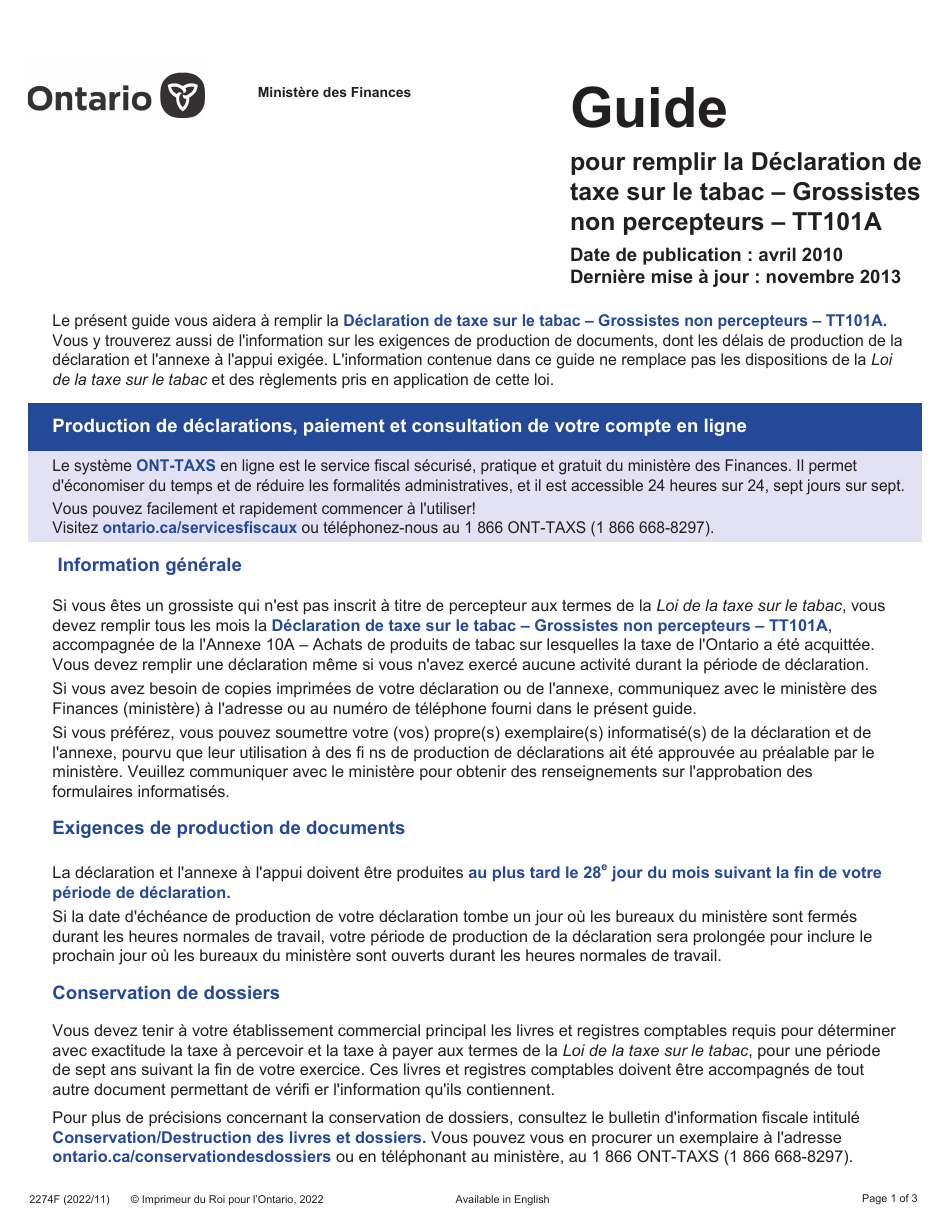 Forme 2274F Guide Pour Remplir La Declaration De Taxe Sur Le Tabac - Grossistes Non Percepteurs - Tt101a - Ontario, Canada (French), Page 1