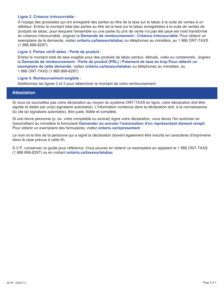 Forme 2274F Guide Pour Remplir La Declaration De Taxe Sur Le Tabac - Grossistes Non Percepteurs - Tt101a - Ontario, Canada (French), Page 3