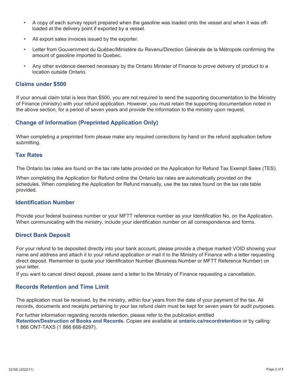Form 3216E Guide for Completing the Application for Refund Summary and Schedule 3 Tes - Tax Exempt Sales - Export to Quebec - Ontario, Canada, Page 2
