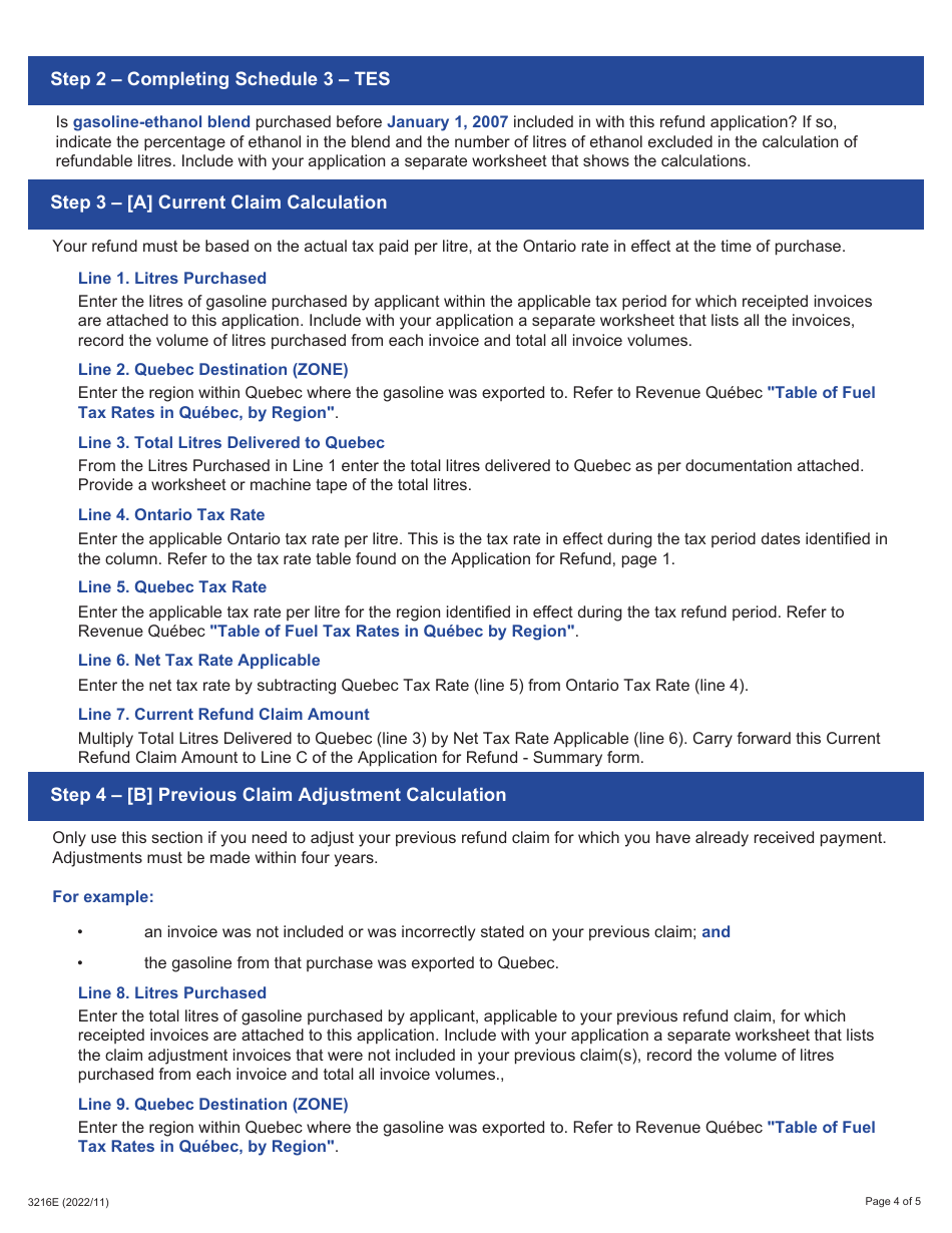 Form 3216E Guide for Completing the Application for Refund Summary and Schedule 3 Tes - Tax Exempt Sales - Export to Quebec - Ontario, Canada, Page 4