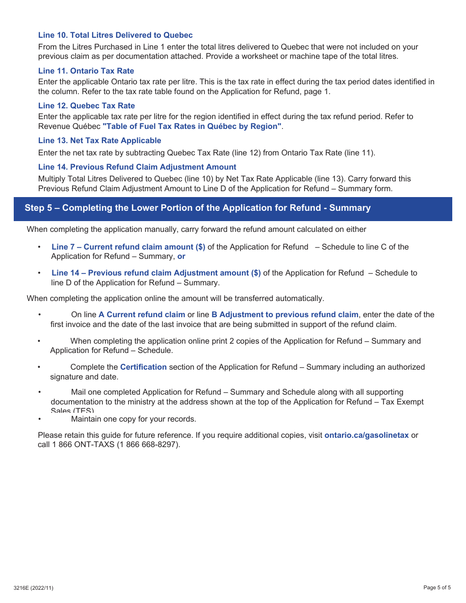 Form 3216E Guide for Completing the Application for Refund Summary and Schedule 3 Tes - Tax Exempt Sales - Export to Quebec - Ontario, Canada, Page 5