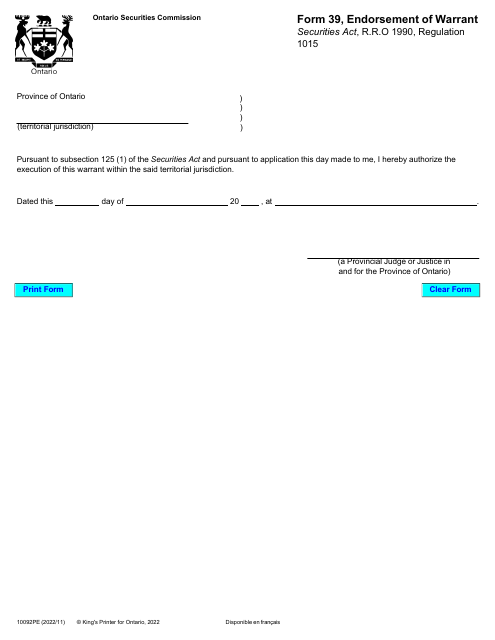 Form 39 (10092PE) Endorsement of Warrant - Ontario, Canada