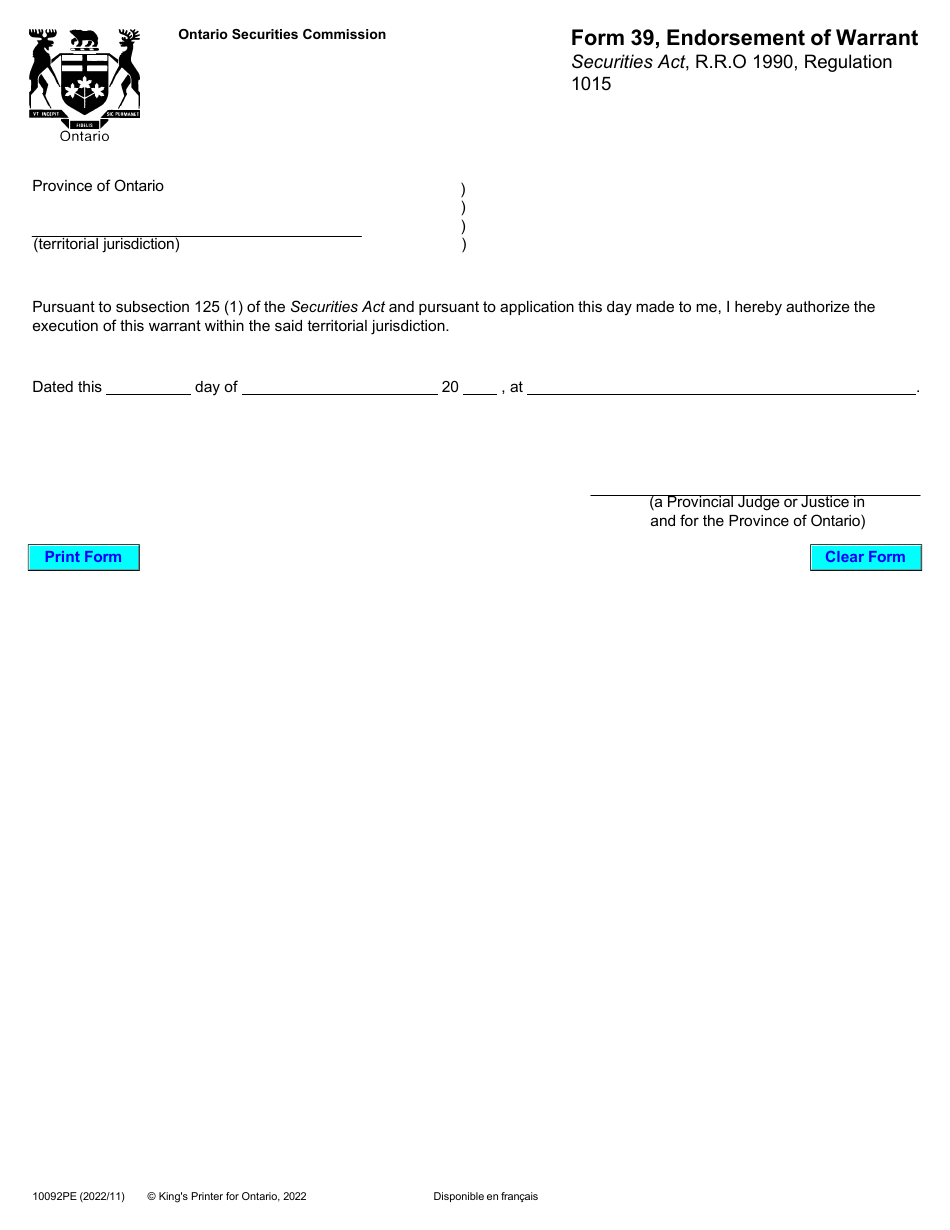 Form 39 (10092PE) Endorsement of Warrant - Ontario, Canada, Page 1