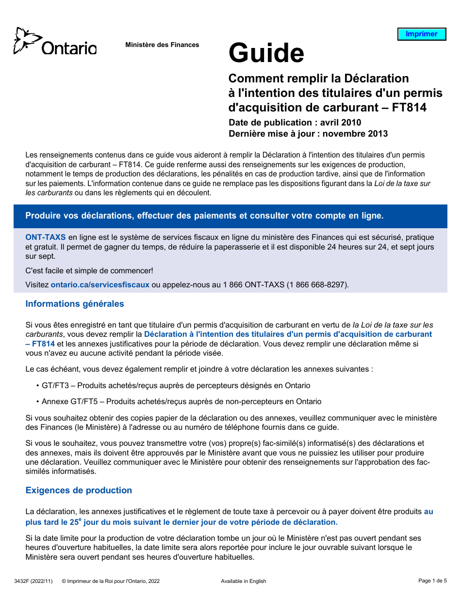 Forme 3432F Guide Comment Remplir La Declaration a Lintention DES Titulaires Dun Permis Dacquisition De Carburant - Ft814 - Ontario, Canada (French), Page 1