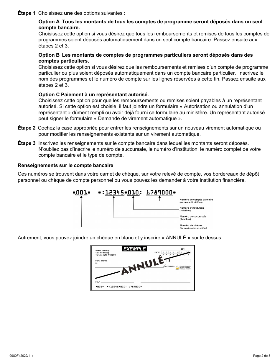 Forme 9980F Demande De Virement Automatique - Ontario, Canada (French), Page 2