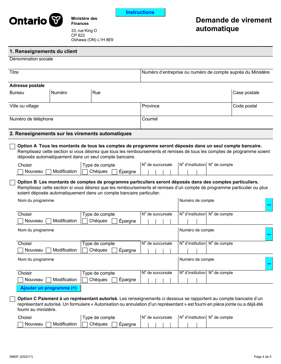 Forme 9980F Demande De Virement Automatique - Ontario, Canada (French), Page 4