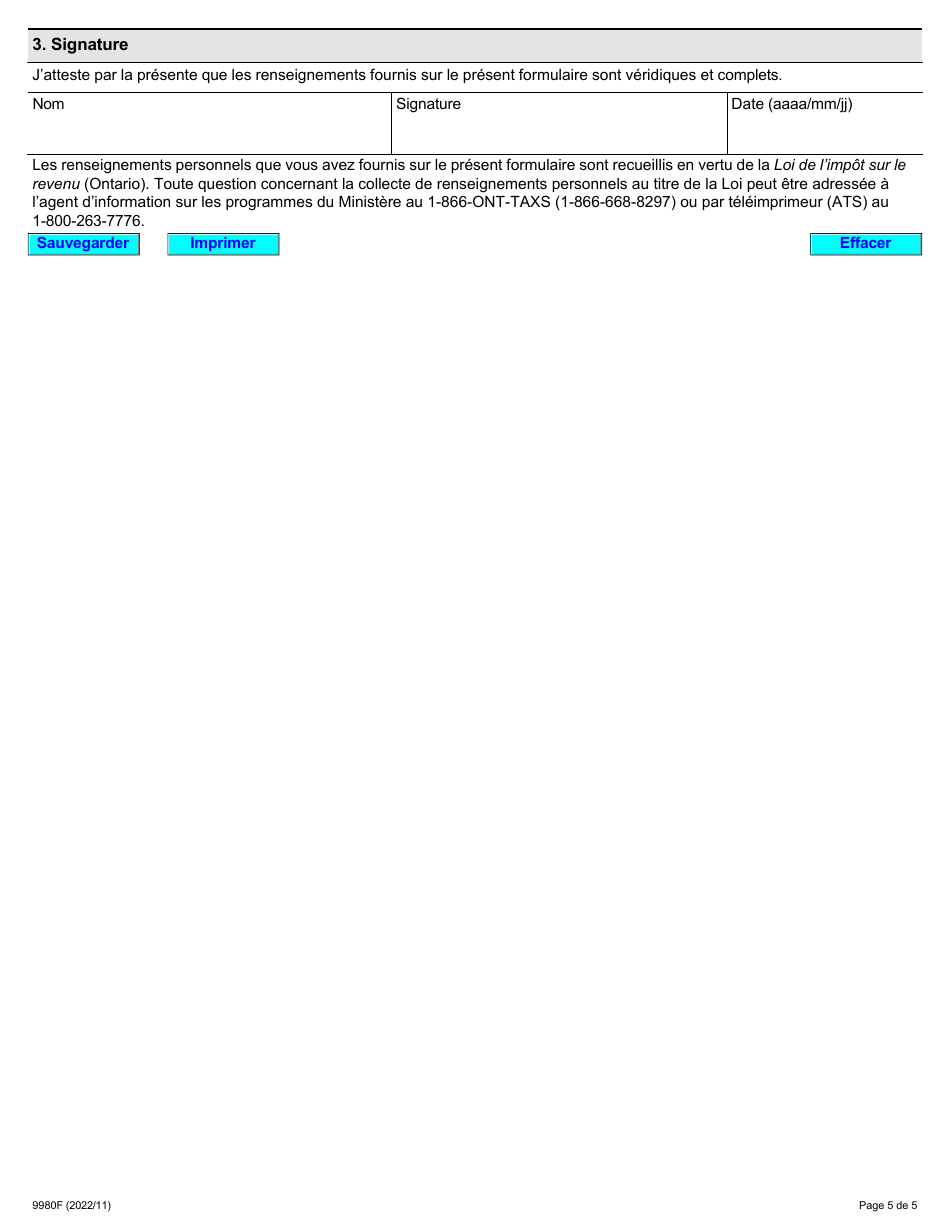 Forme 9980F Demande De Virement Automatique - Ontario, Canada (French), Page 5