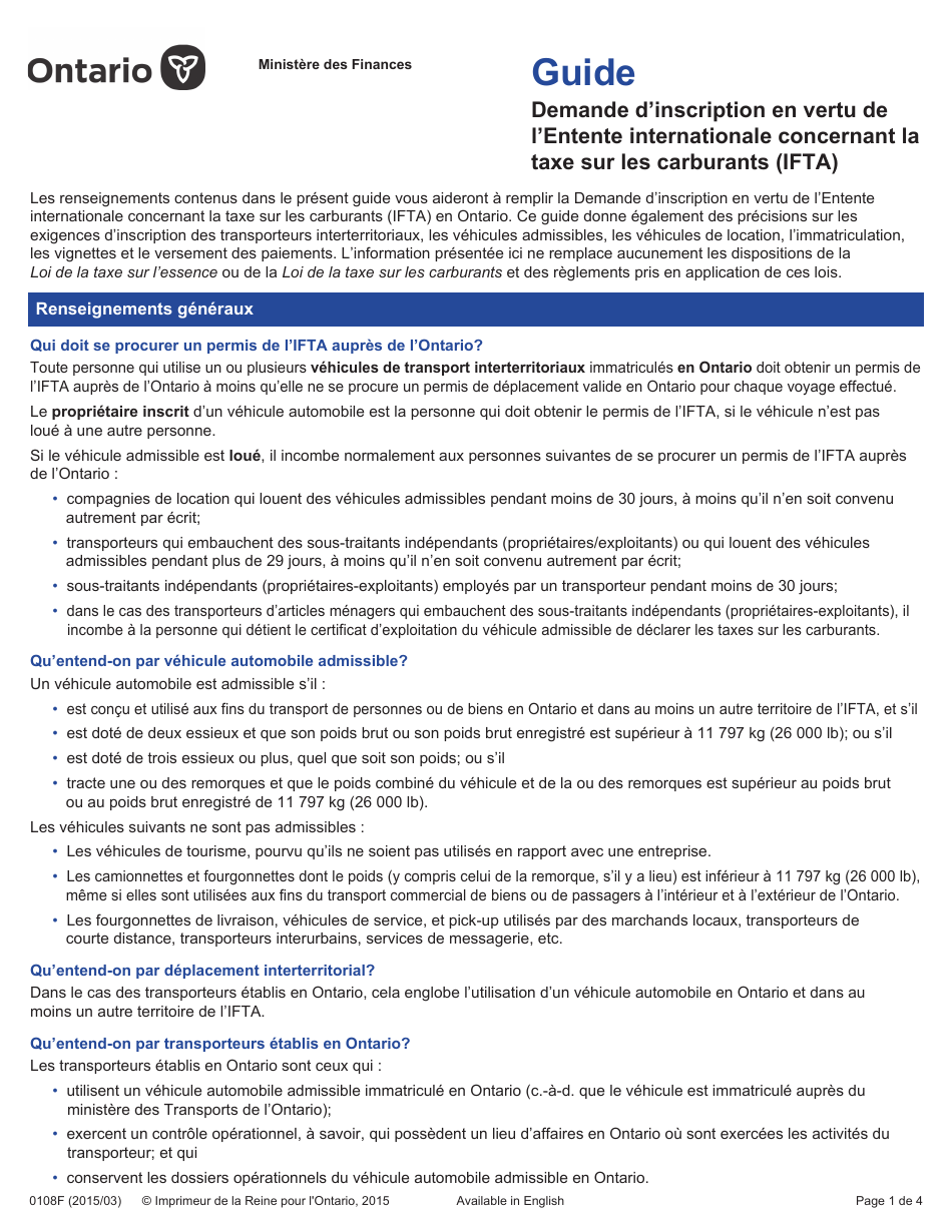 Forme 0108F Guide Demande Dinscription En Vertu De Lentente Internationale Concernant La Taxe Sur Les Carburants (Ifta) - Ontario, Canada (French), Page 1