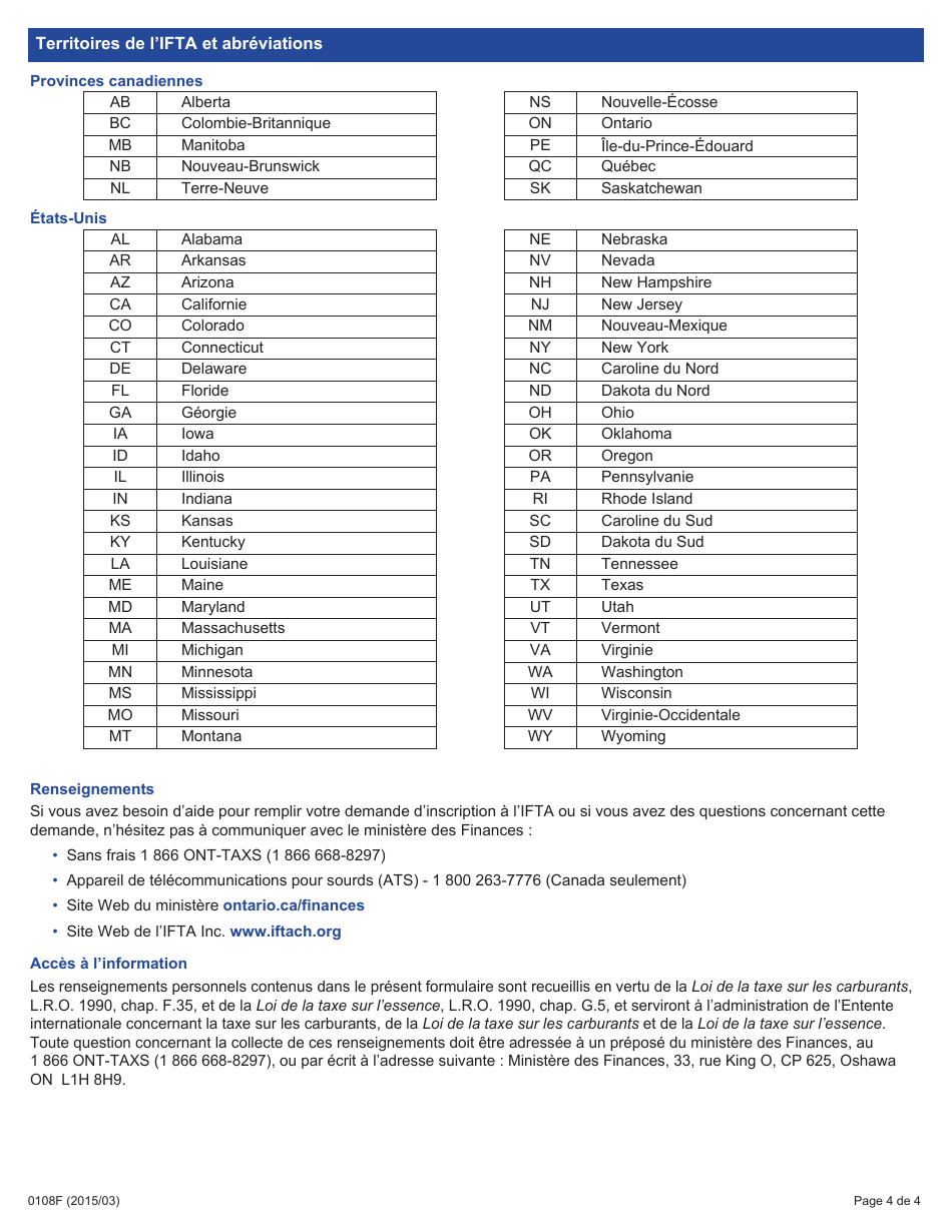 Forme 0108F Guide Demande Dinscription En Vertu De Lentente Internationale Concernant La Taxe Sur Les Carburants (Ifta) - Ontario, Canada (French), Page 4