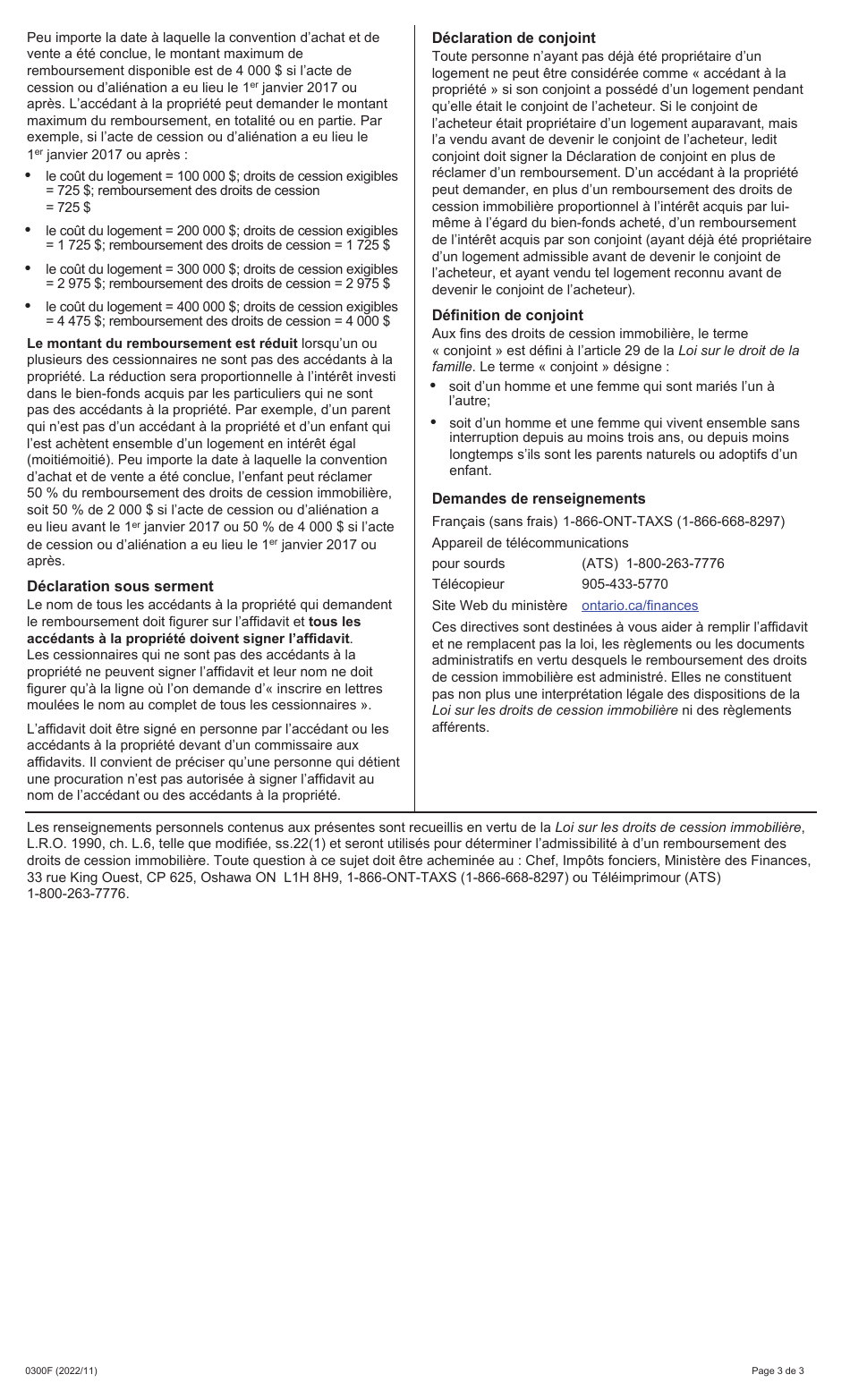Forme 0300F Affidavit Sur Le Remboursement DES Droits De Cession Immobiliere De Lontario - Ontario, Canada (French), Page 3