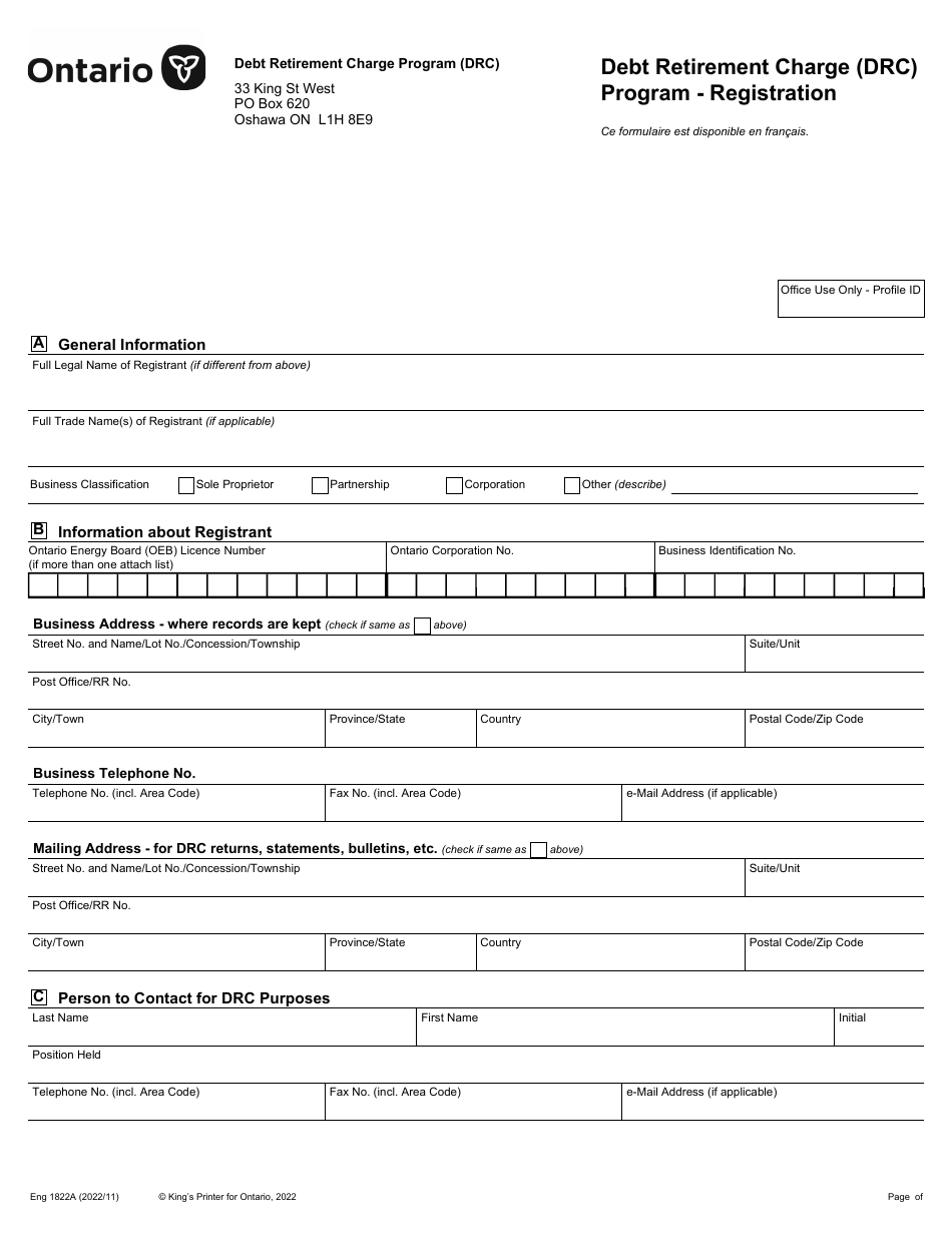 Form 1822A Registration Form - Debt Retirement Charge Program - Ontario, Canada, Page 1