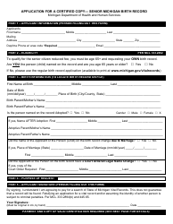 Document preview: Form DCH-0569-BX-SR Application for a Certified Copy - Senior Michigan Birth Record - Michigan