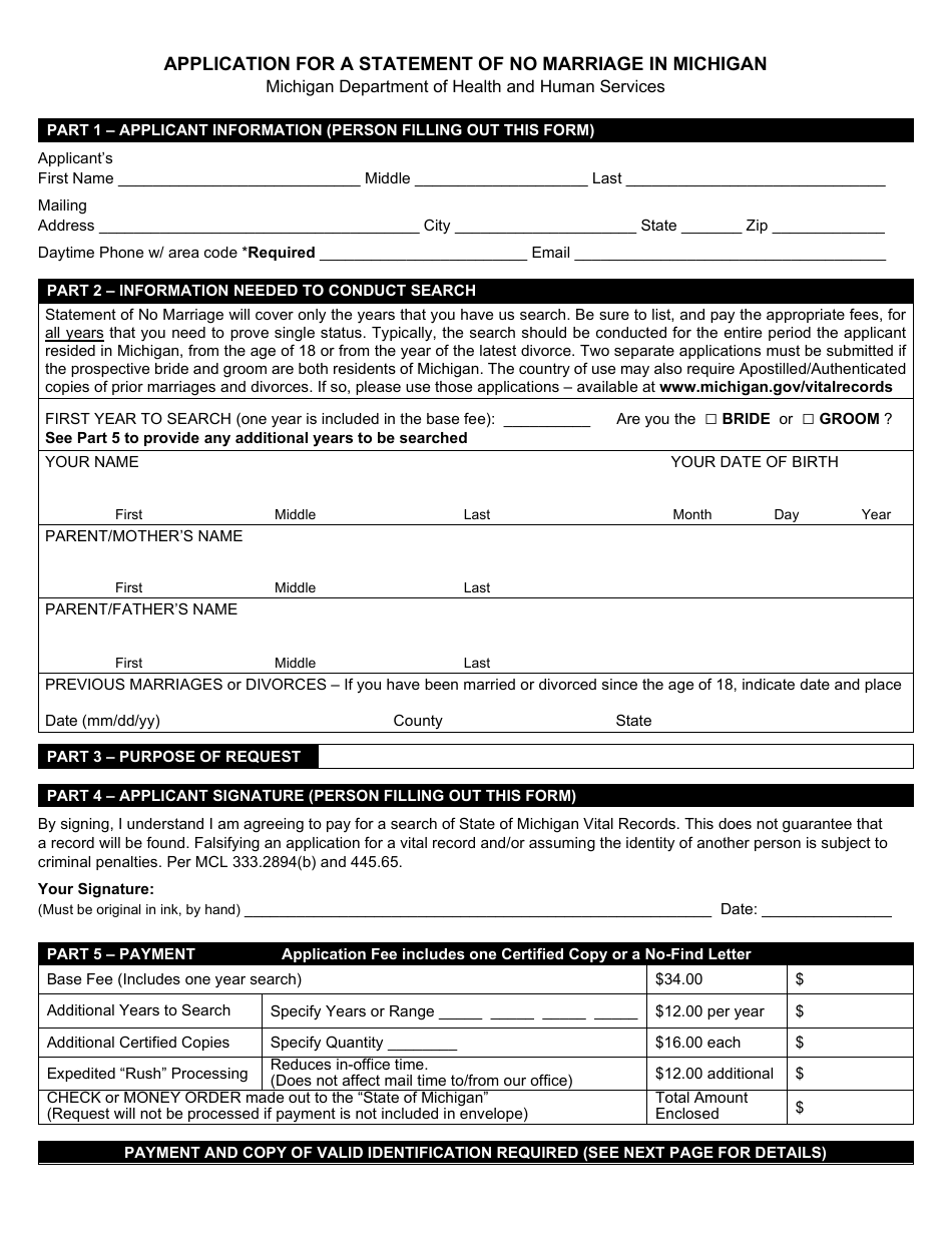 Form DCH-0569-NO MX Application for a Statement of No Marriage in Michigan - Michigan, Page 1