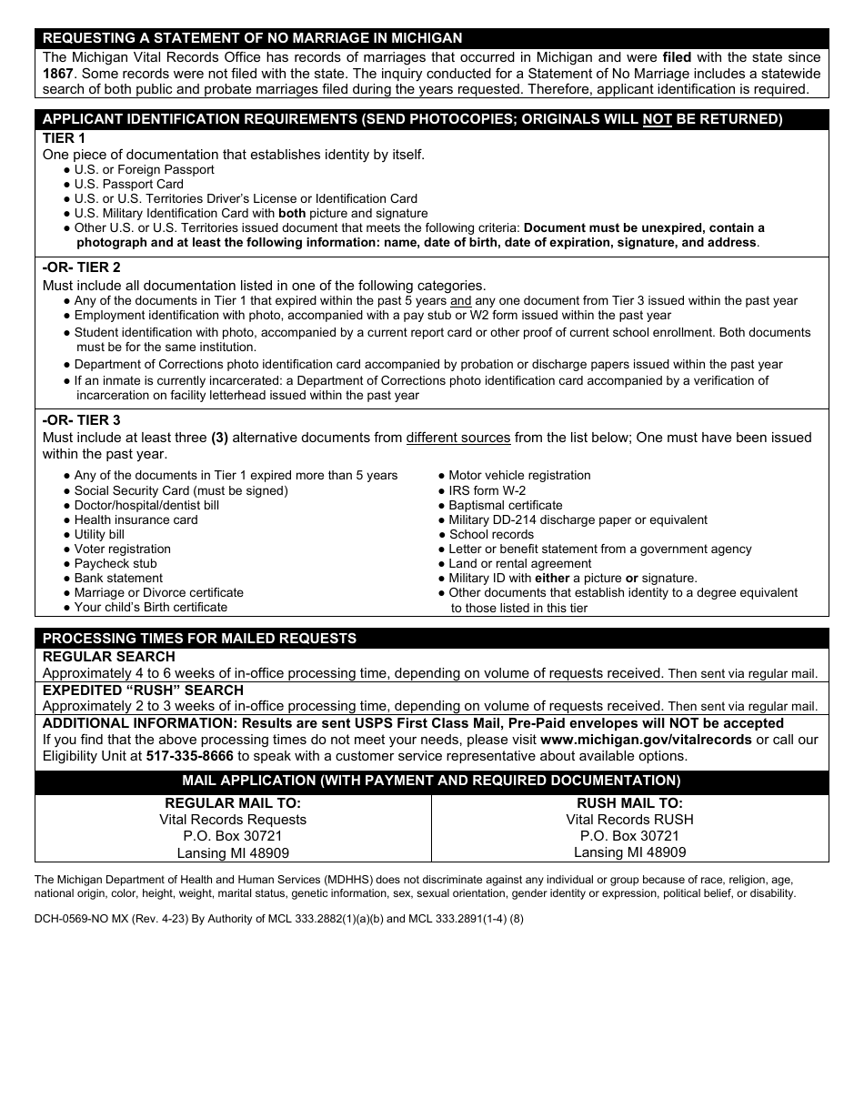 Form DCH-0569-NO MX Application for a Statement of No Marriage in Michigan - Michigan, Page 2