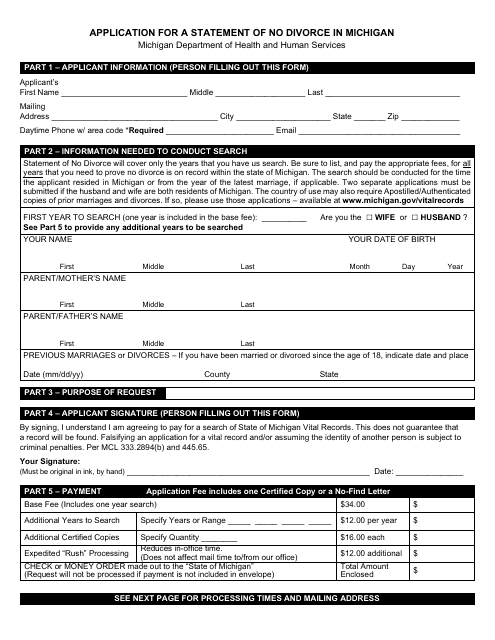Form DCH-0569-NO DIV Application for a Statement of No Divorce in Michigan - Michigan