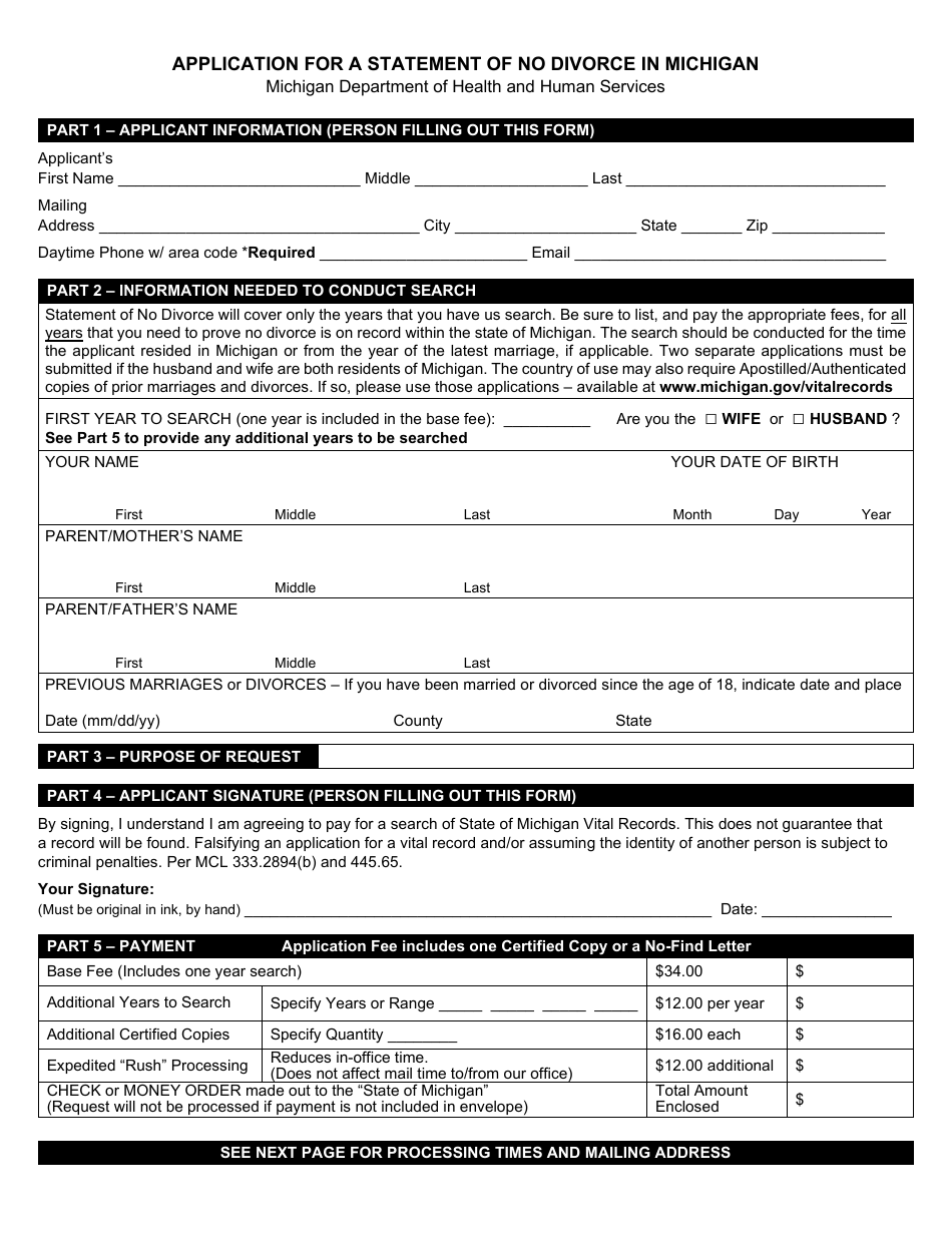 Form DCH-0569-NO DIV Application for a Statement of No Divorce in Michigan - Michigan, Page 1