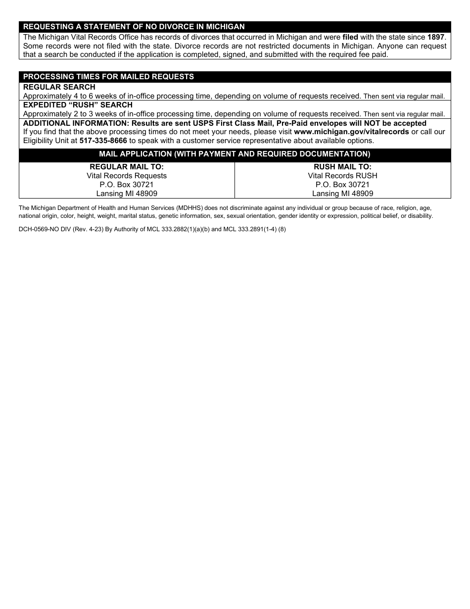 Form DCH-0569-NO DIV Application for a Statement of No Divorce in Michigan - Michigan, Page 2