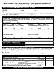 Document preview: Form DCH-0569-DIV-AUTH Application for Apostilled/Authenticated Copy - Michigan Marriage Record - Michigan
