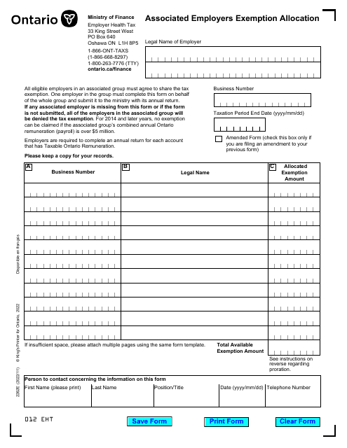 Form 2262E Associated Employers Exemption Allocation - Ontario, Canada