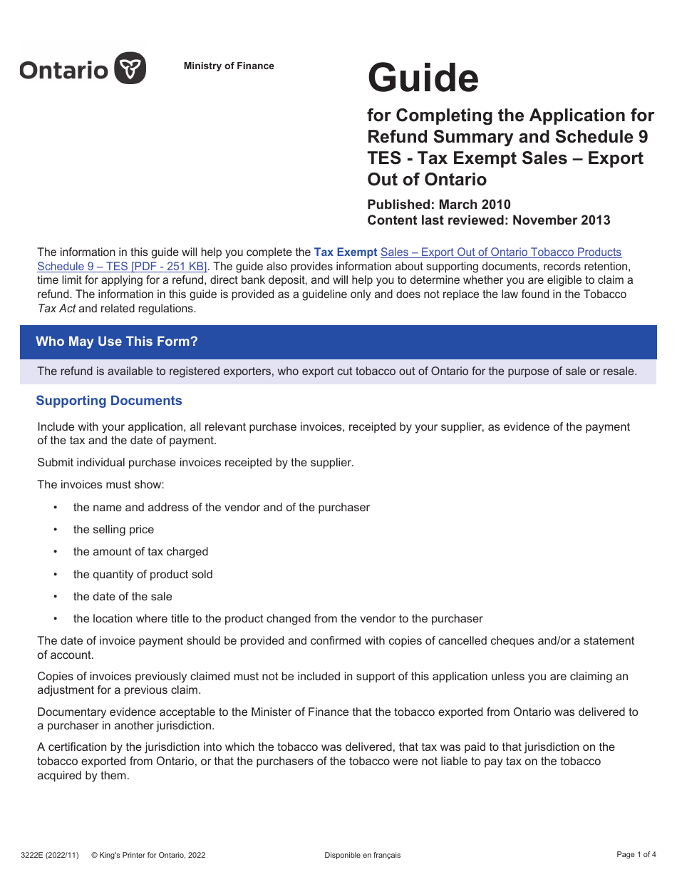 Form 3222E Guide for Completing the Application for Refund Summary and Schedule 9 Tes - Tax Exempt Sales - Export out of Ontario - Ontario, Canada, Page 1